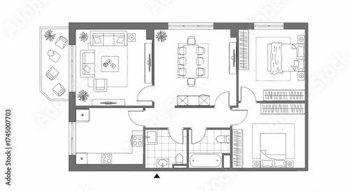 Architectural plan with furniture arrangement as a vector illustration, perfect for interior design visualization, white background