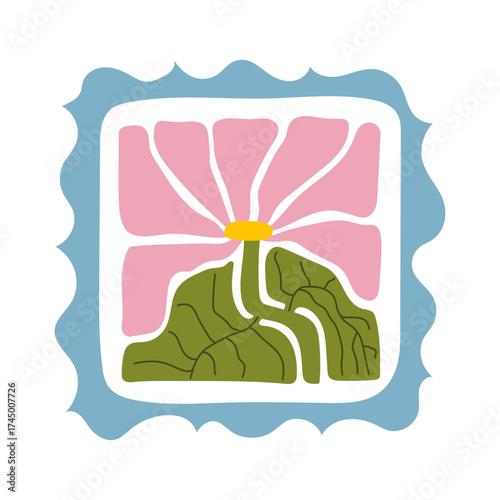 Abstract colorful floral pattern with pink and blue flower petals in a dotted green square frame. Hand-drawn modern botanical design. Great for textile, crafts, digital art, and decorative projects.