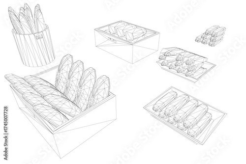 3D wireframe box model containing a bakery set with bread basket and various food products on a clean white background.