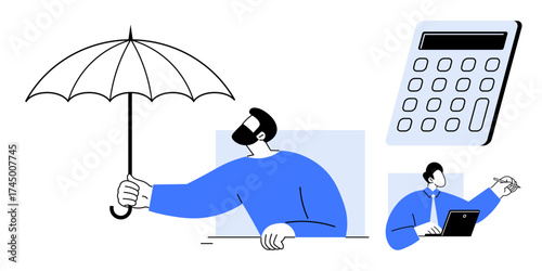 Man holding umbrella symbolizing protection, calculator as planning tool, professional working on laptop. Ideal for insurance, finance, risk management, investment, strategy, savings business