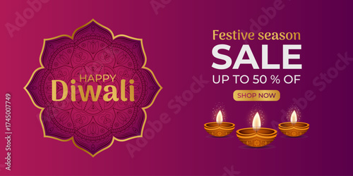 Happy Diwali Sale Banner with Decorative Lamps and Mandala Background.