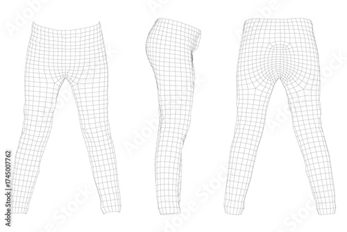 A 3D wireframe model of women's leggings features a unique grid pattern composed of various shapes and sizes of pants.
