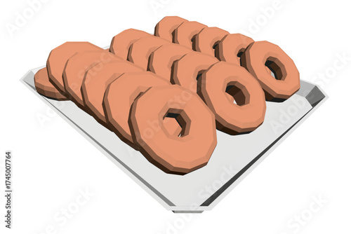 A set of donuts arranged on a glossy rectangular tray with a polygonal design. The freshly-baked treats are glazed and lightly dusted with sugar.