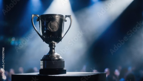 A gleaming silver trophy on a pedestal with a blurred background under spotlight