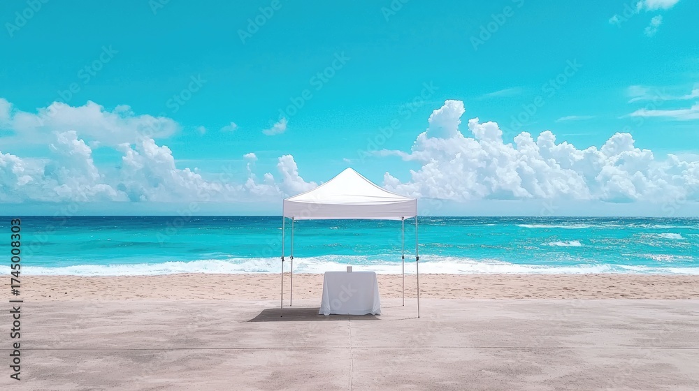Obraz premium Tranquil Beach Scene with White Canopy Under Clear Blue Sky and Ocean Waves in the Background