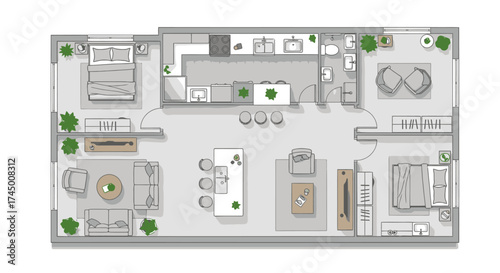 Vector illustration of a floor plan featuring furniture, appliances, and plants in a top-down perspective, white background