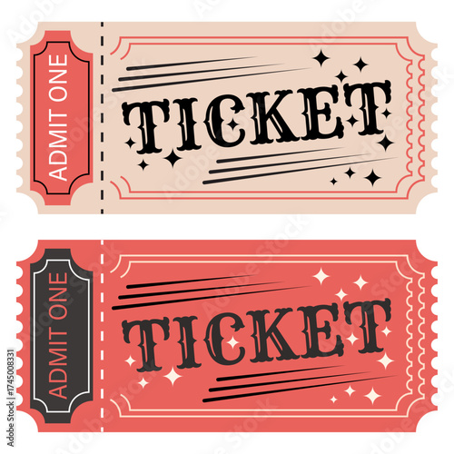 Vintage admit one ticket design set in retro style, classic event entry coupon, old-fashioned theater cinema concert carnival pass, decorative printable paper ticket template for entertainment events