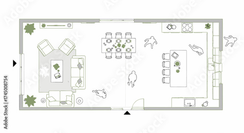 Architectural drawing featuring people, furniture, and other objects viewed from above, white background