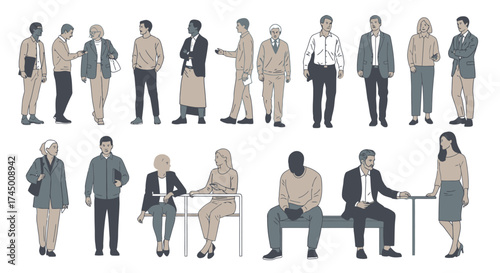 Vector illustration of diverse people in various poses for architectural design, white background