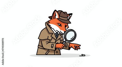 Cartoon fox detective with magnifying glass investigating a clue.