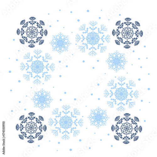 Vector square frame of snowflakes isolated on white background. Suitable for Christmas design of stickers, labels, cards.