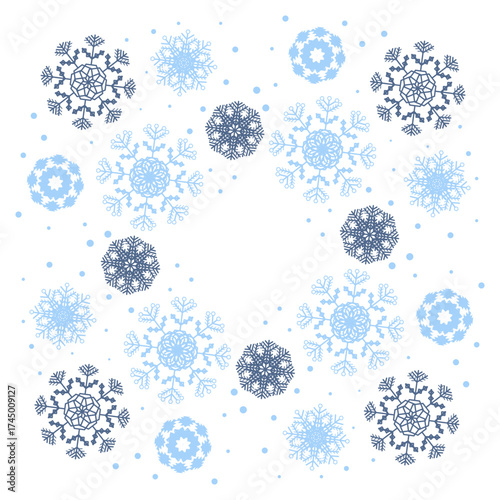 Vector square frame of snowflakes isolated on white background. Suitable for Christmas design of stickers, labels, cards.