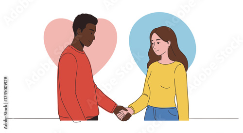 Diverse couple shaking hands expressing unity and agreement with hearts background