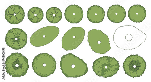 Collection of architectural tree plan view vector illustrations for landscape design, white background