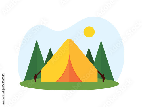 Camping place flat vector landscape with yellow tent in green forest. Summer outdoor adventure scene. Vector illustration on white background.