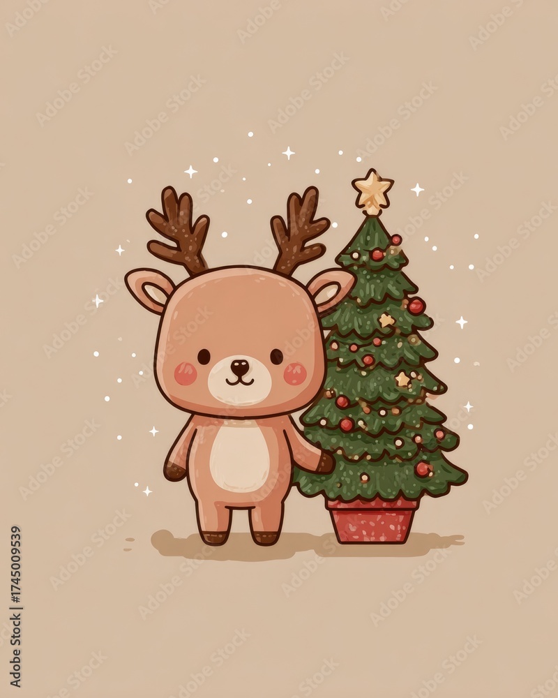 Fototapeta premium Cute reindeer with a Christmas tree on a festive background.