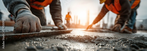 On a construction site, two workmen use hand tools to smooth the concrete floor.