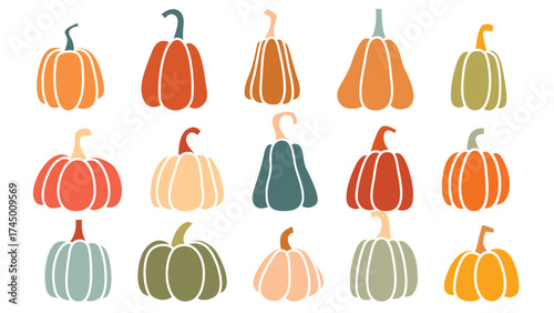 Autumn harvest pumpkins in silhouette set. Colorful colored fall pumpkins collection. Clip art of ripe farm gourds in flat style, vector elements