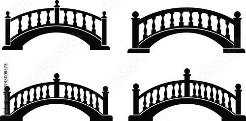 Bridge silhouettes collection, arched bridge vector set, pedestrian walkway icons, architectural artwork design, black bridge graphics, decorative railing illustration elements