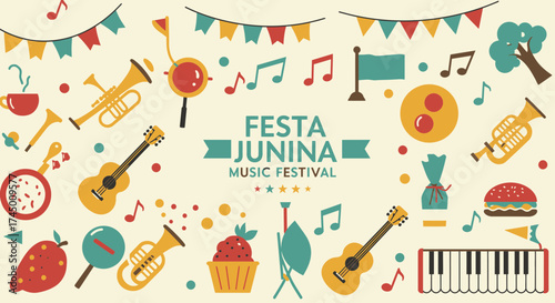 Vibrant Festa Junina Music Festival Illustration with Festive Elements