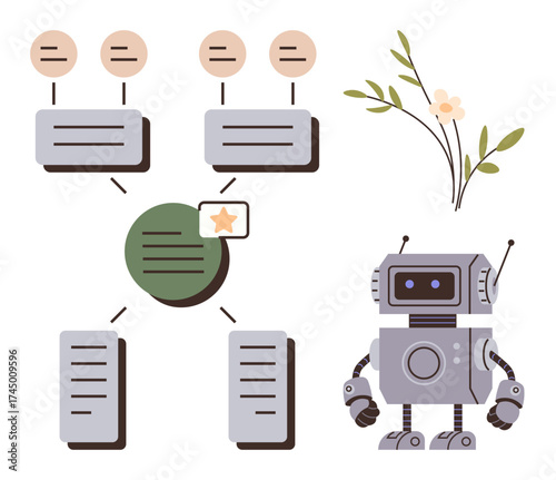 Flowchart with connected elements, blooming branch, robot with expressive design. Ideal for technology, automation, data management, innovation, workflow, nature-technology balance simple flat