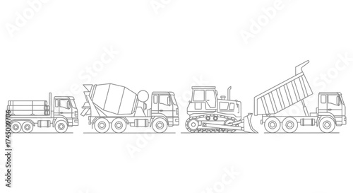 Vector line art illustration of construction vehicles including a flatbed, concrete mixer, bulldozer, and dump truck, white background