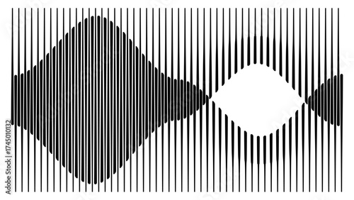 black and white abstract pattern with wavy lines creating symmetrical design. lines form dynamic, flowing shape that resembles sound waves or visual representation of frequency