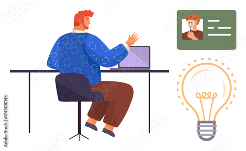 Man seated at desk using a laptop, ID card and lightbulb illustrating innovation, online identity, and brainstorming. Ideal for technology, creativity, remote work, learning, digital identity