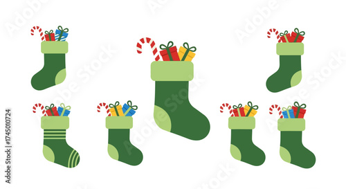 Simple Flat Christmas Stocking with Candy Cane and Present Illustration Set