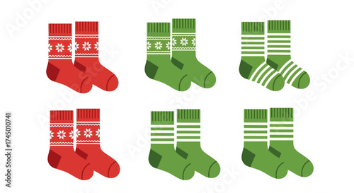 Flat Design Christmas Socks with Snowflake and Stripe Pattern Assortment