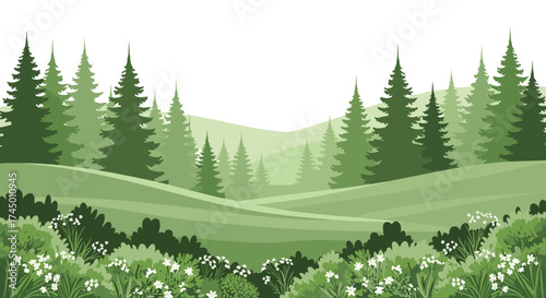 A serene pixel art landscape depicts rolling green hills dotted with numerous tall pine trees under a hazy sky.