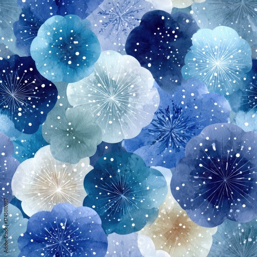 Vibrant blue floral pattern with intricate details and textures.