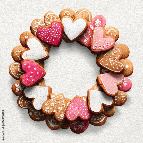 Heart-shaped cookies arranged in a circular pattern on a textured surface.