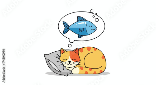 Cute cat sleeping and dreaming of a fish.