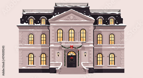 A grand snow covered mansion decorated for a festive holiday season.