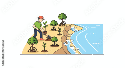 Man planting mangrove saplings on a coastline for environmental conservation.