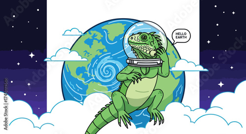 Green iguana astronaut exploring the cosmos near planet Earth.