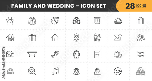 Family and Wedding Icon Set – Outline Style Vector Icons for Marriage, Love, Couple, Ceremony, Party, Gift, and Celebration with transparent Background.	