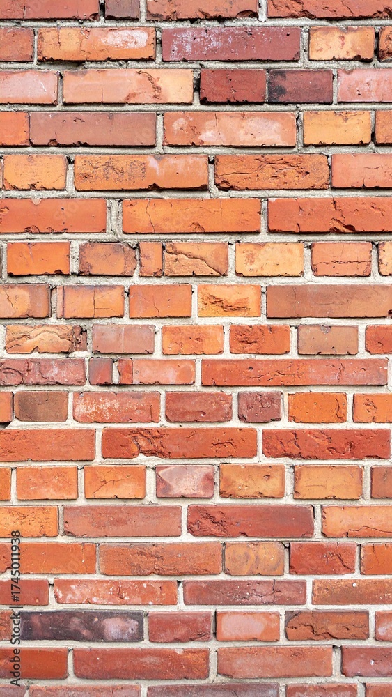 Obraz premium A detailed view captures the timeless texture and rich hues of a weathered brick wall, embodying strength, durability, and the beauty of aged craftsmanship.