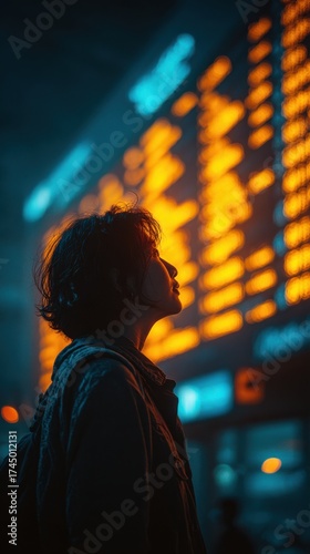 Silhouette of Person in Front of Glowing Flight Board at Night