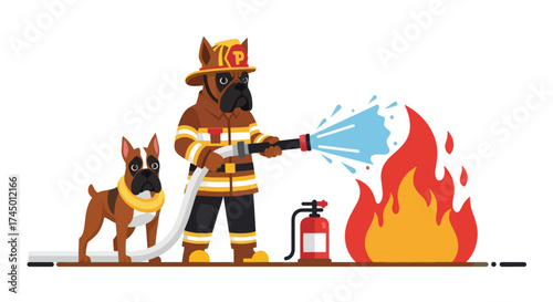 Firefighter dog bravely extinguishing a large fire with a hose.