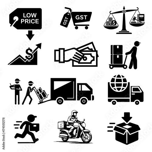 Shipping and delivery icons: van, parcel, location, barcode, route, warehouse, delivery status