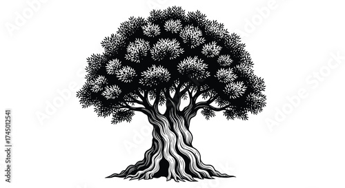 An ancient gnarled oak tree with a majestic canopy of dense foliage stands tall and strong.