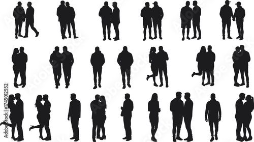 Couple silhouettes collection, romantic poses vector set, love relationship icons, black artwork design, affectionate pair illustrations, human interaction graphics