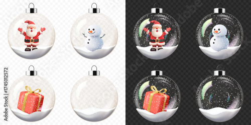 Set of Christmas and New Year transparent glass balls with snow, isolated.	
