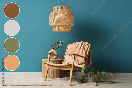 Wicker armchair with plaid,...