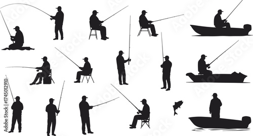 Fishing silhouettes collection, fisherman vector set, angler icons, boat and shore fishing artwork, black fishing graphics, outdoor lifestyle illustration