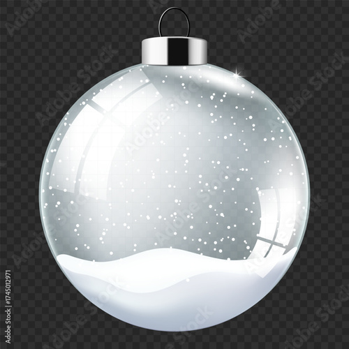 Christmas and New Year transparent glass ball with snow, isolated.	