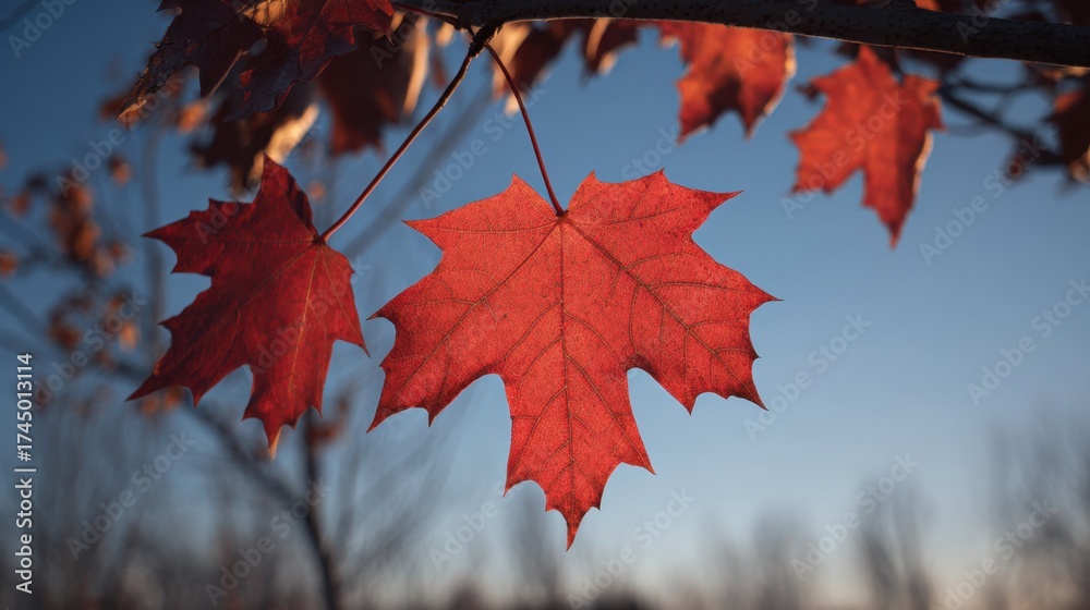 Fototapeta premium Red Maple Leaves Glowing Under Sunlight in Autumn Background