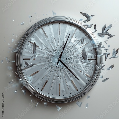 Clock with broken glass and birds flying out, time flies concept